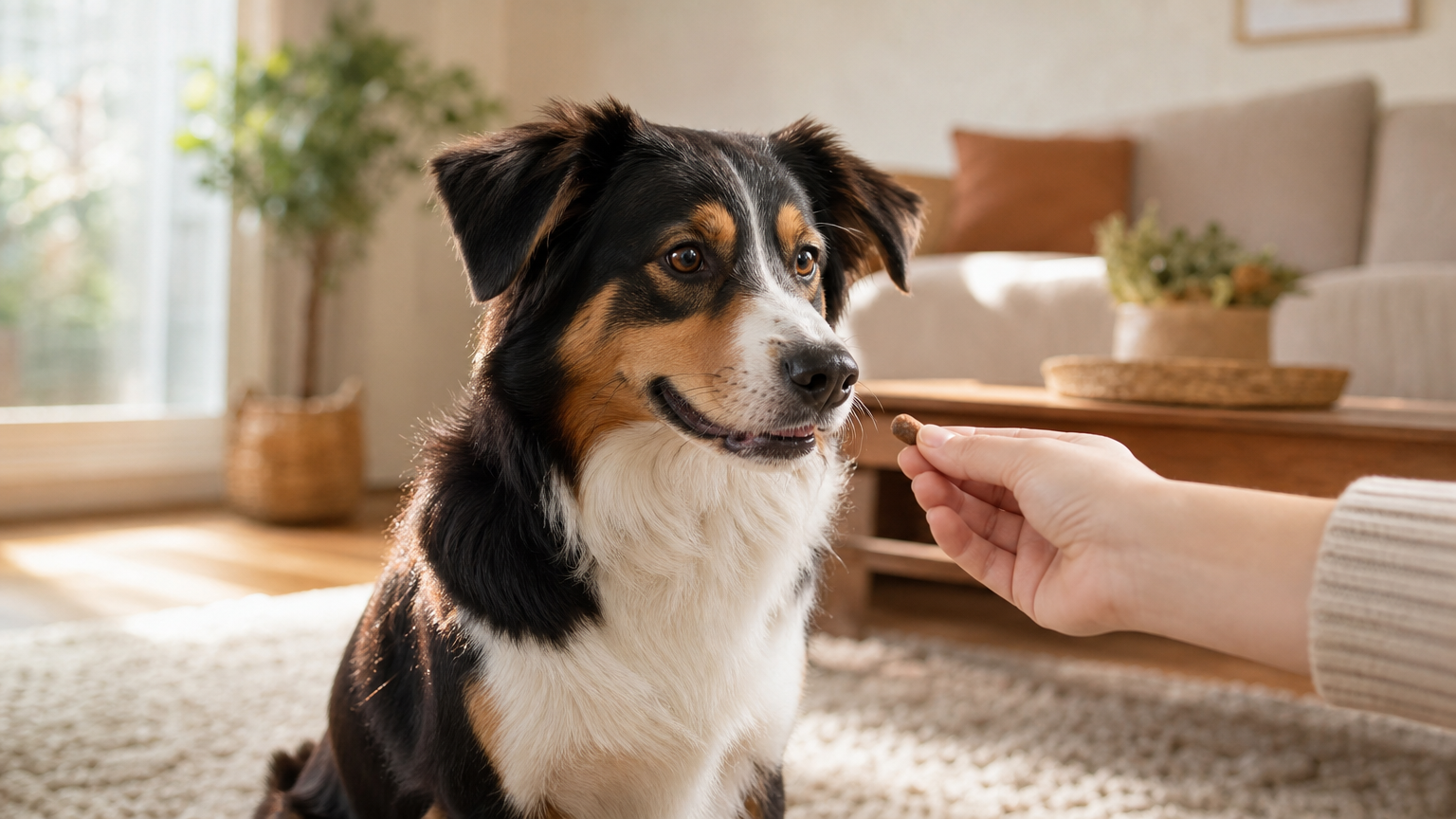 Calm happy dog sitting quietly on a rug while a hand offers a treat, showing positive reinforcement to stop a dog from barking