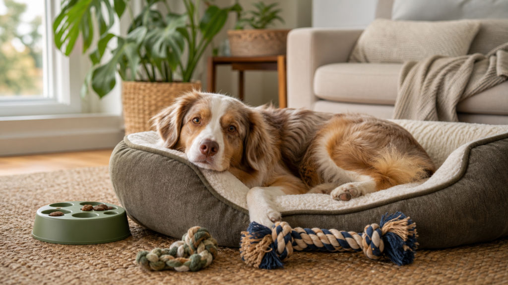 Relaxed dog lying peacefully on a dog bed in a bright living room with toys nearby, showing the calm state achieved by stopping excessive barking