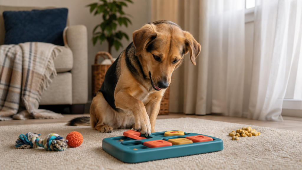 Happy dog engaged with a treat-dispensing puzzle toy in a calm living room with curtains, showing environmental management to stop a dog from barking