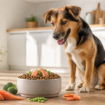 Happy healthy dog sitting beside a bowl of premium salmon-based kibble with fresh salmon and vegetables in a bright kitchen, representing alternative proteins for dogs with allergies