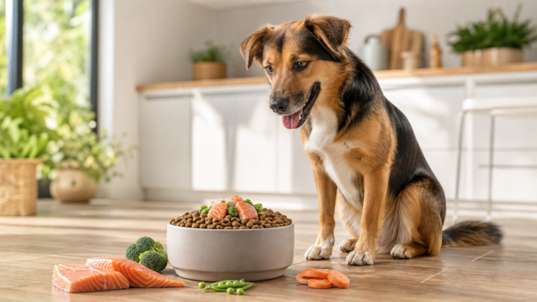 Happy healthy dog sitting beside a bowl of premium salmon-based kibble with fresh salmon and vegetables in a bright kitchen, representing alternative proteins for dogs with allergies