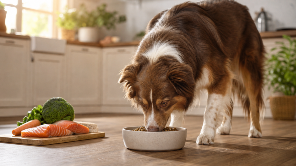 Happy dog eating salmon-based kibble from a ceramic bowl in a bright kitchen, showing salmon as an alternative protein for dogs with allergies