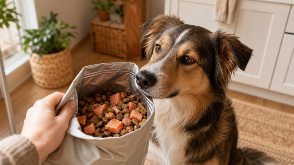 Hand offering an open bag of salmon-based dog food to a happy dog sniffing the kibble, showing how to choose an alternative protein for dogs