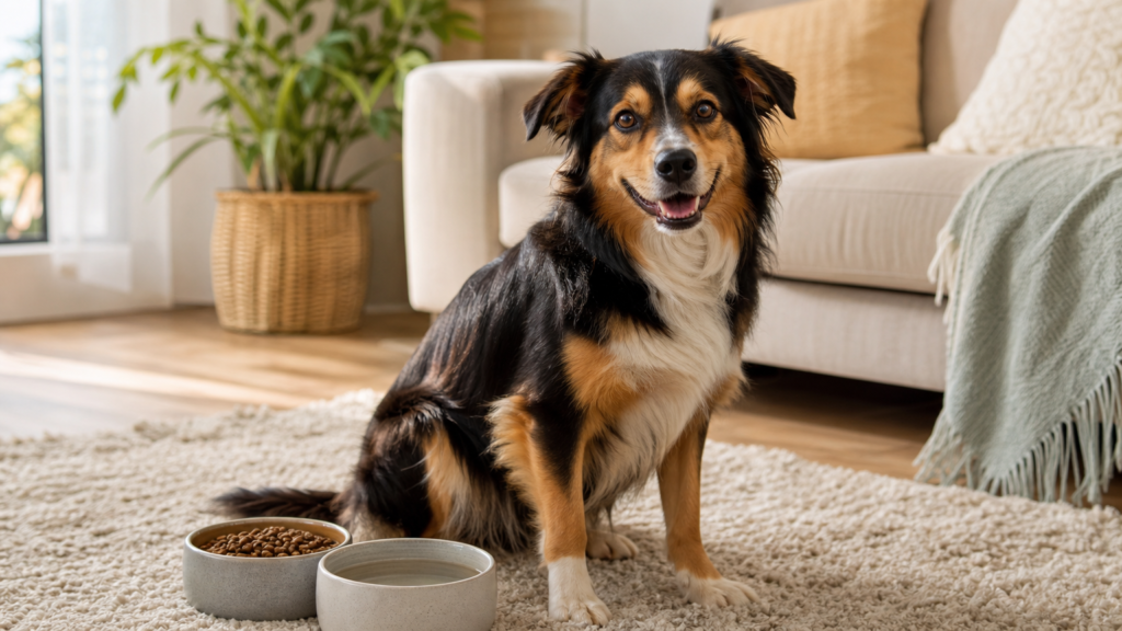 Happy healthy dog with a shiny coat sitting calmly at home with food and water bowls, showing the quality of life restored by alternative proteins for dogs