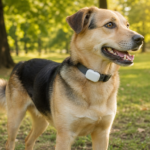 Happy dog wearing a collar with a small GPS tracker device in an open park, illustrating the choice between a GPS tracker for dogs and an AirTag