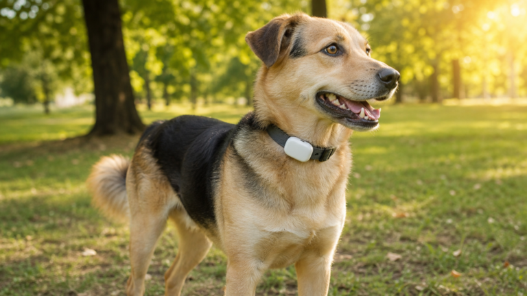 Happy dog wearing a collar with a small GPS tracker device in an open park, illustrating the choice between a GPS tracker for dogs and an AirTag