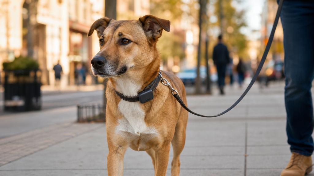 Dog on a leash wearing a tracker device on a busy city sidewalk with buildings in the background, showing the urban environment where an AirTag works best