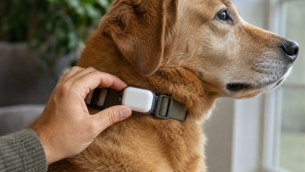 Hand adjusting a small white GPS tracker device on a dog's collar, showing the dedicated GPS and cellular tracker for dogs
