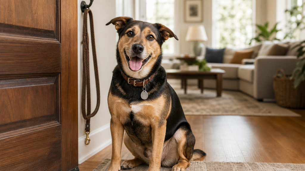 Happy dog wearing a collar with a visible ID tag at home by the front door, showing essential safety habits beyond trackers