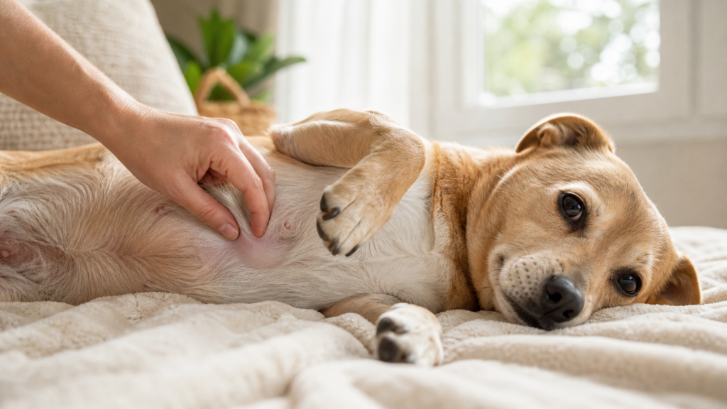 Calm dog lying on a blanket while a hand gently inspects its skin, showing how to check the causes of a dog scratching a lot
