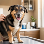 Happy dog with a shiny coat being gently examined by a veterinarian's hand in a bright clinic, representing new treatments for dog itching