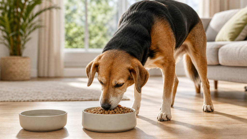 Happy dog eating premium kibble from a ceramic bowl in a bright clean living room, showing integrated management for dog itching