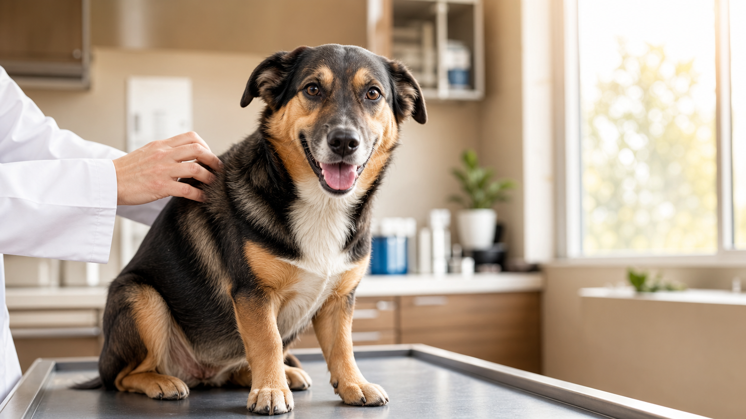 Happy dog with a shiny coat being gently examined by a veterinarian's hand in a bright clinic, representing new treatments for dog itching