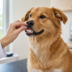 Happy dog with clean teeth being gently examined by a veterinarian's hand in a bright clinic, representing periodontal disease in dogs and oral care