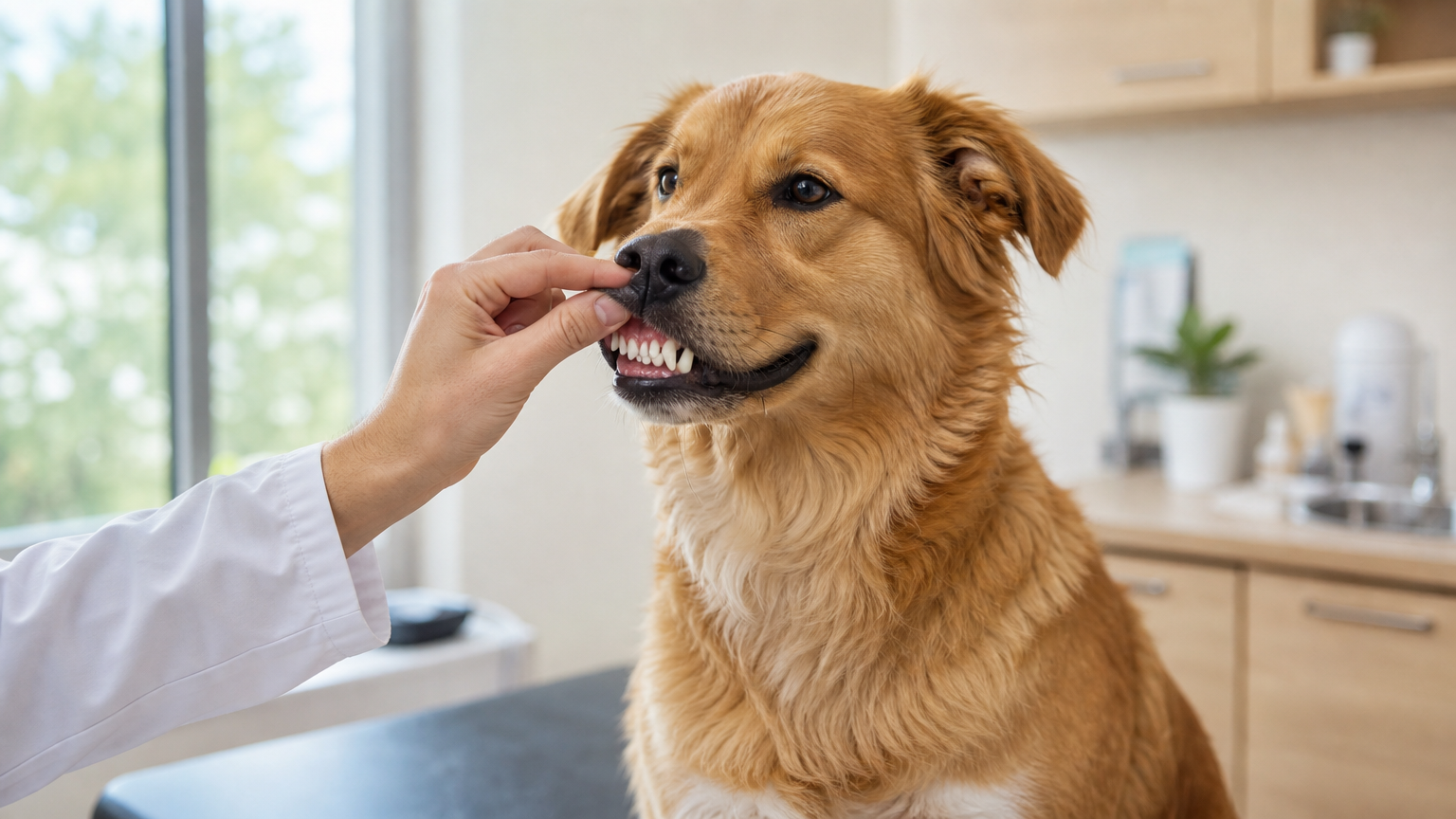 Happy dog with clean teeth being gently examined by a veterinarian's hand in a bright clinic, representing periodontal disease in dogs and oral care