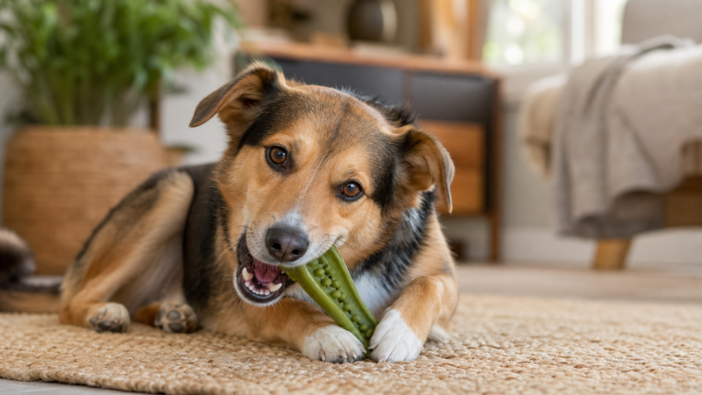 Happy dog chewing a dental chew toy at home, showing an easy habit to help prevent periodontal disease in dogs