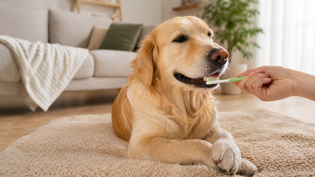 Hand gently brushing a calm dog's teeth with a pet toothbrush, showing daily brushing to prevent periodontal disease in dogs