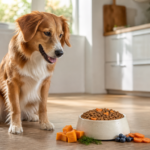 Happy healthy dog sitting beside a bowl of premium kibble with fresh pumpkin, carrot and blueberries in a bright kitchen, representing probiotic dog food for gut health