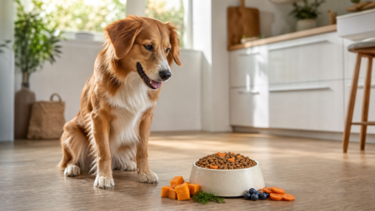 Happy healthy dog sitting beside a bowl of premium kibble with fresh pumpkin, carrot and blueberries in a bright kitchen, representing probiotic dog food for gut health