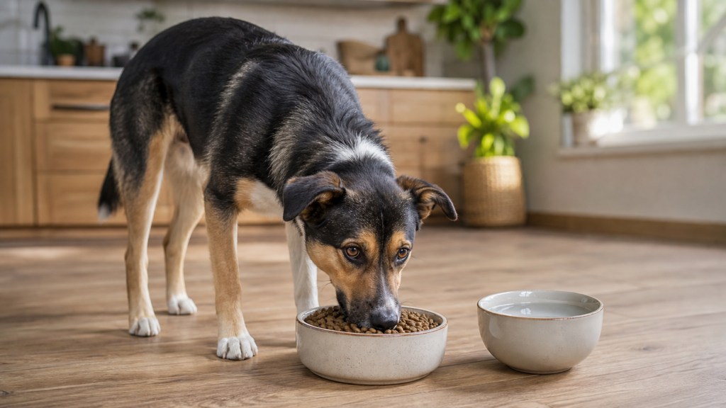 Happy dog eating premium kibble from a ceramic bowl in a bright kitchen, showing how probiotic dog food supports daily gut health
