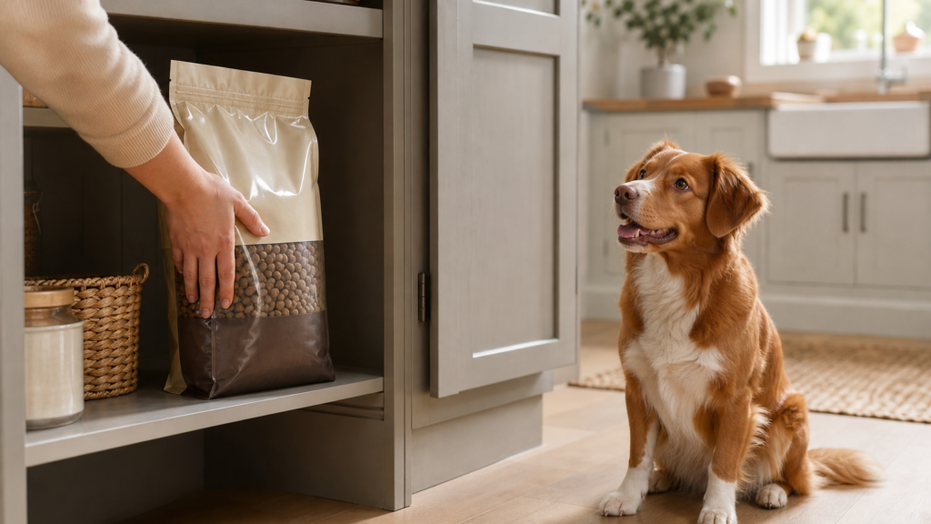 Hand placing a dog food bag into a cool pantry cupboard while a calm dog watches, showing proper storage of probiotic dog food