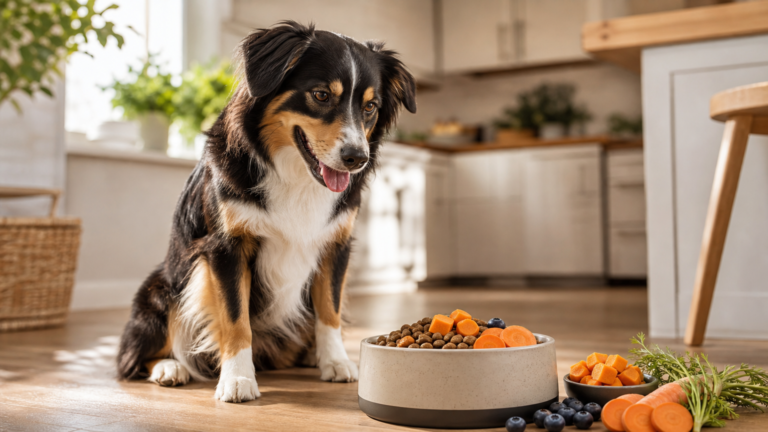 Happy healthy dog with a shiny coat sitting beside a bowl of premium kibble with pumpkin and carrots in a bright kitchen, representing gut health in dogs