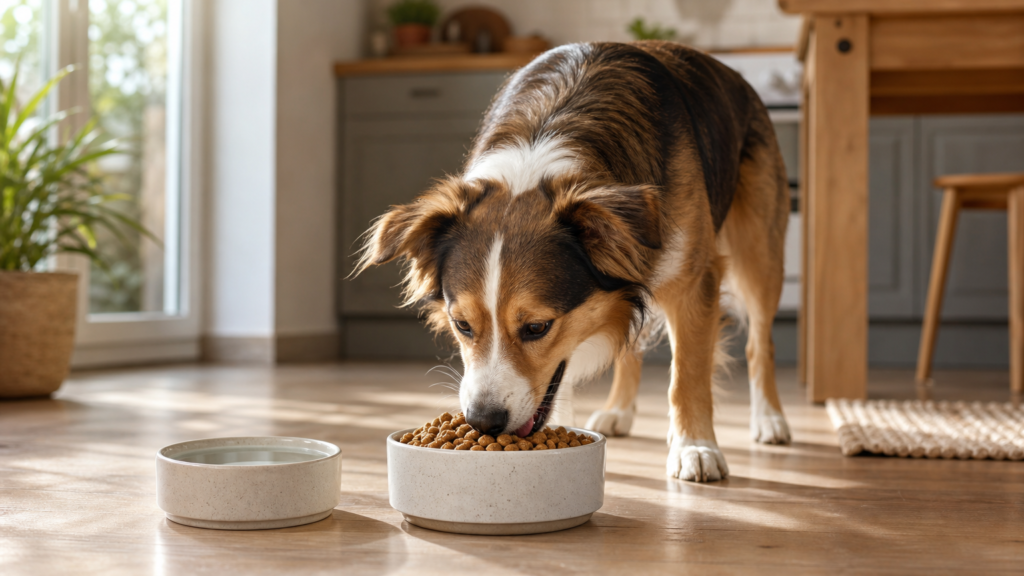 Happy dog eating premium kibble from a ceramic bowl with fresh water in a bright kitchen, showing how nutrition supports gut health in dogs