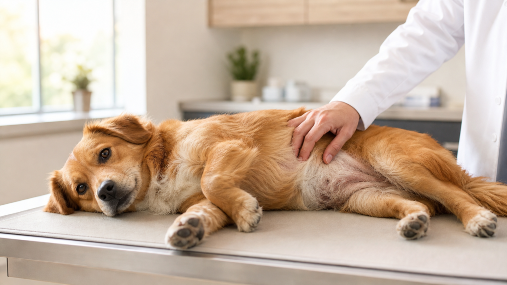 Calm dog lying on an exam table while a veterinarian's hand gently checks its belly, showing how to investigate signs of unbalanced gut health in dogs