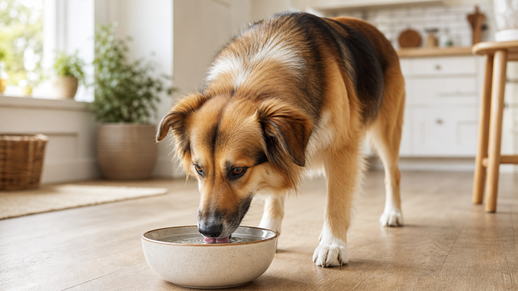 Happy dog drinking fresh water from a ceramic bowl in a bright kitchen, showing daily habits that support gut health in dogs