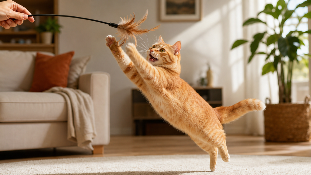 Playful orange cat leaping to catch a feather wand toy in a bright living room, showing interactive hunting play for indoor cat enrichment