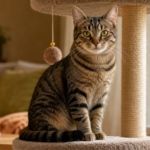 Happy tabby cat sitting on a cat tree by a bright window in a cozy living room with scratching post and toys, representing indoor cat enrichment