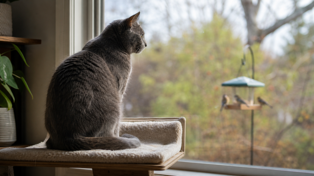 Curious gray cat sitting on a window perch watching birds outside through the glass, an example of window enrichment for indoor cats