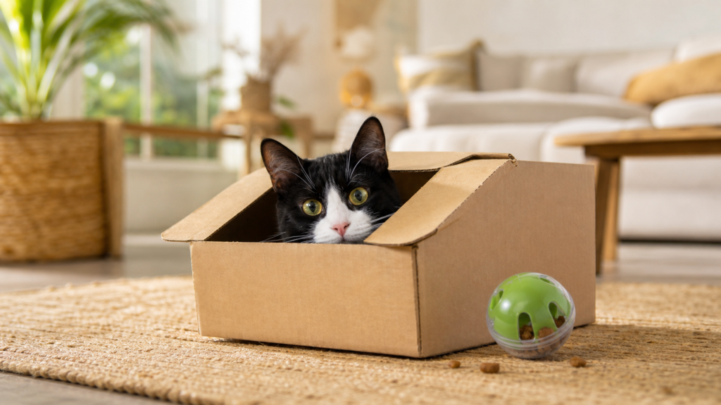 Adorable tuxedo cat peeking out of a cardboard box with a treat-dispensing ball toy beside it, showing low-cost indoor cat enrichment ideas