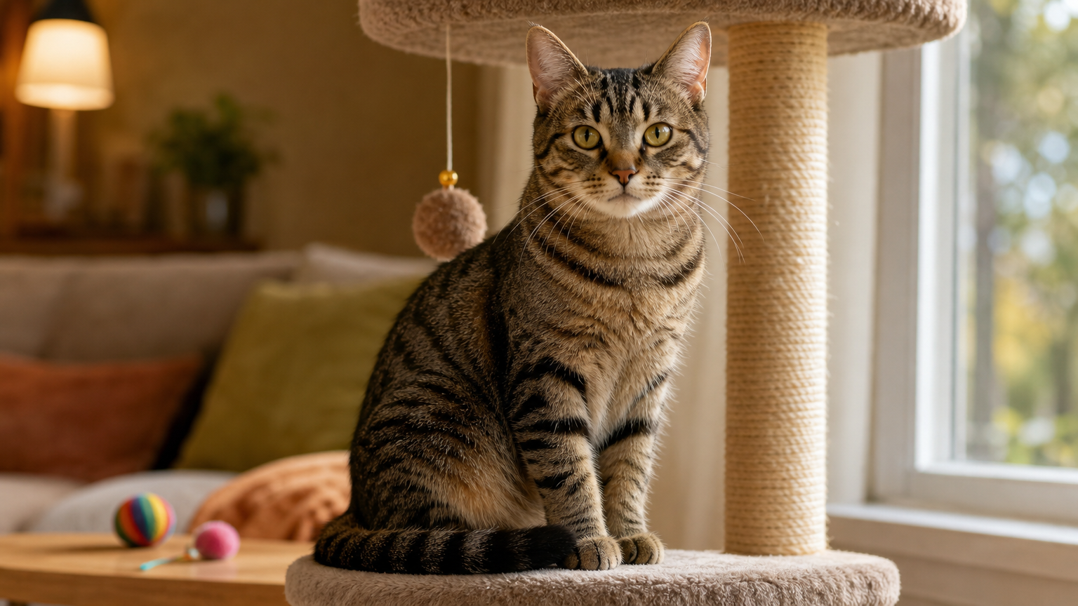 Happy tabby cat sitting on a cat tree by a bright window in a cozy living room with scratching post and toys, representing indoor cat enrichment