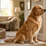 Calm golden dog sitting by the front door of a cozy living room, representing separation anxiety in dogs and the need for a gentle care plan