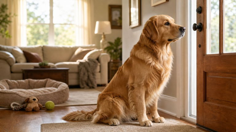 Calm golden dog sitting by the front door of a cozy living room, representing separation anxiety in dogs and the need for a gentle care plan