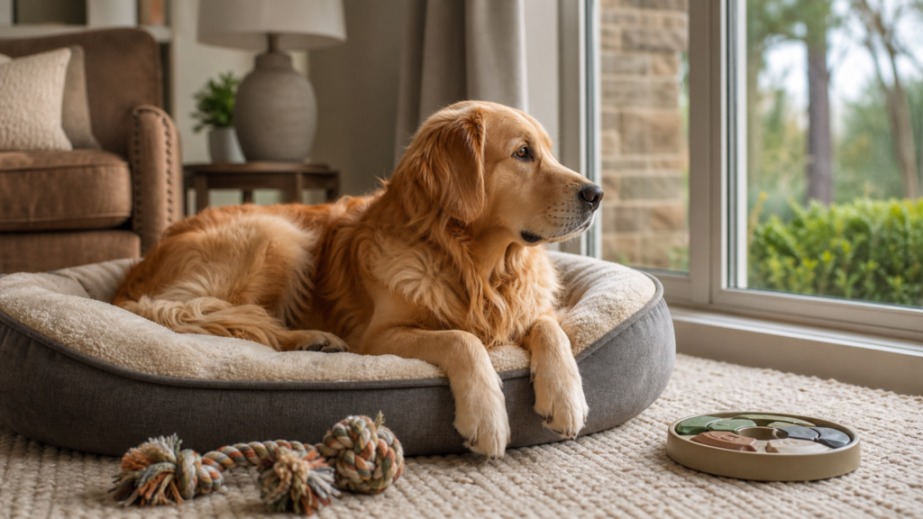 Golden dog resting calmly on a dog bed by a bright window with toys nearby, showing the home-alone situation linked to separation anxiety in dogs