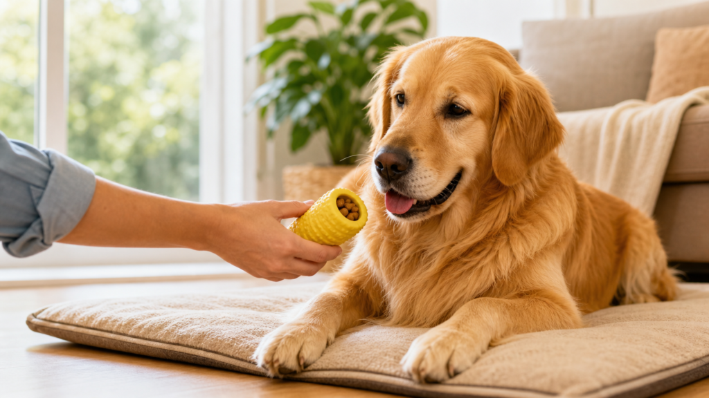 Hand offering a treat-stuffed toy to a relaxed golden dog, an example of counterconditioning to treat separation anxiety in dogs